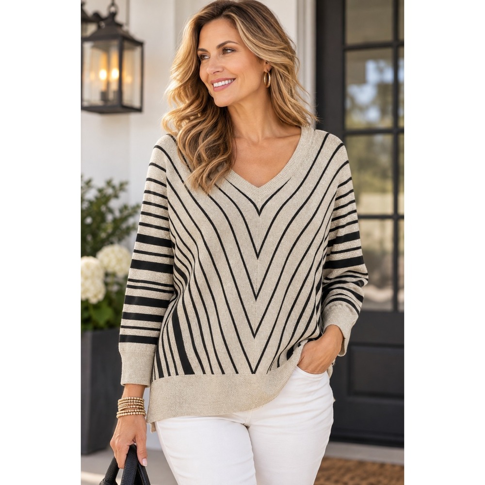 CATO'S Womens Large Gold Metallic Shimmer Sweater Bkack Chevron Print Holiday